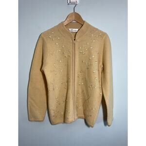 Dressbarn women’s small wool cream tan full zip sweater beaded floral motiff